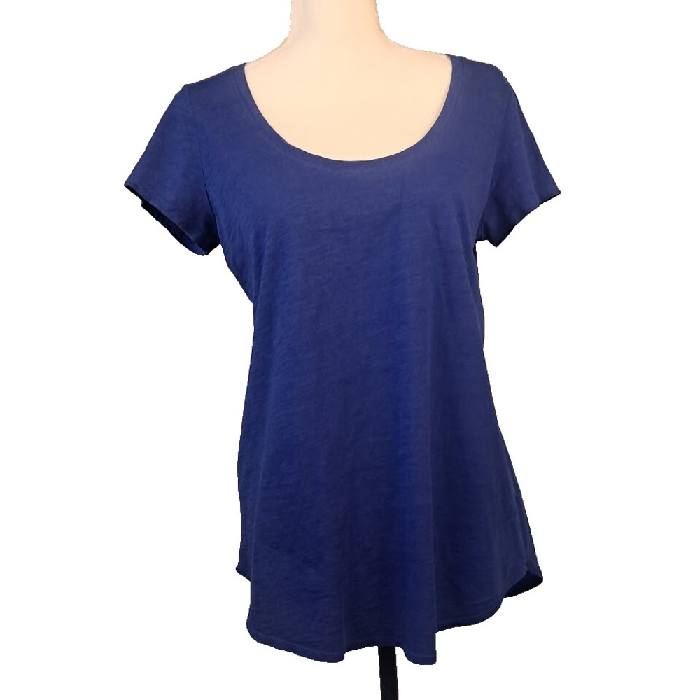 EILEEN FISHER Organic Cotton Royal Blue‎ Long T-Shirt Scoop Neck Hi Low Hem S